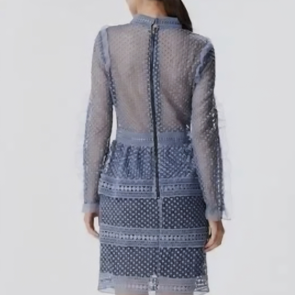 Self Portrait Slate Blue Long Sleeve Lace Mini Dress - Picture 2 of 9